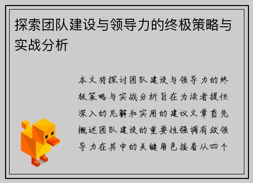 探索团队建设与领导力的终极策略与实战分析